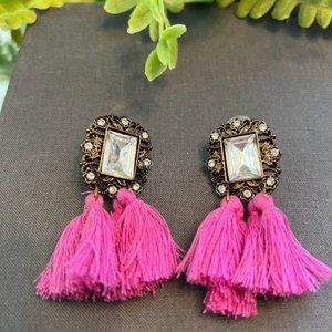 Square Stone Stud Tassel Earrings in Magenta